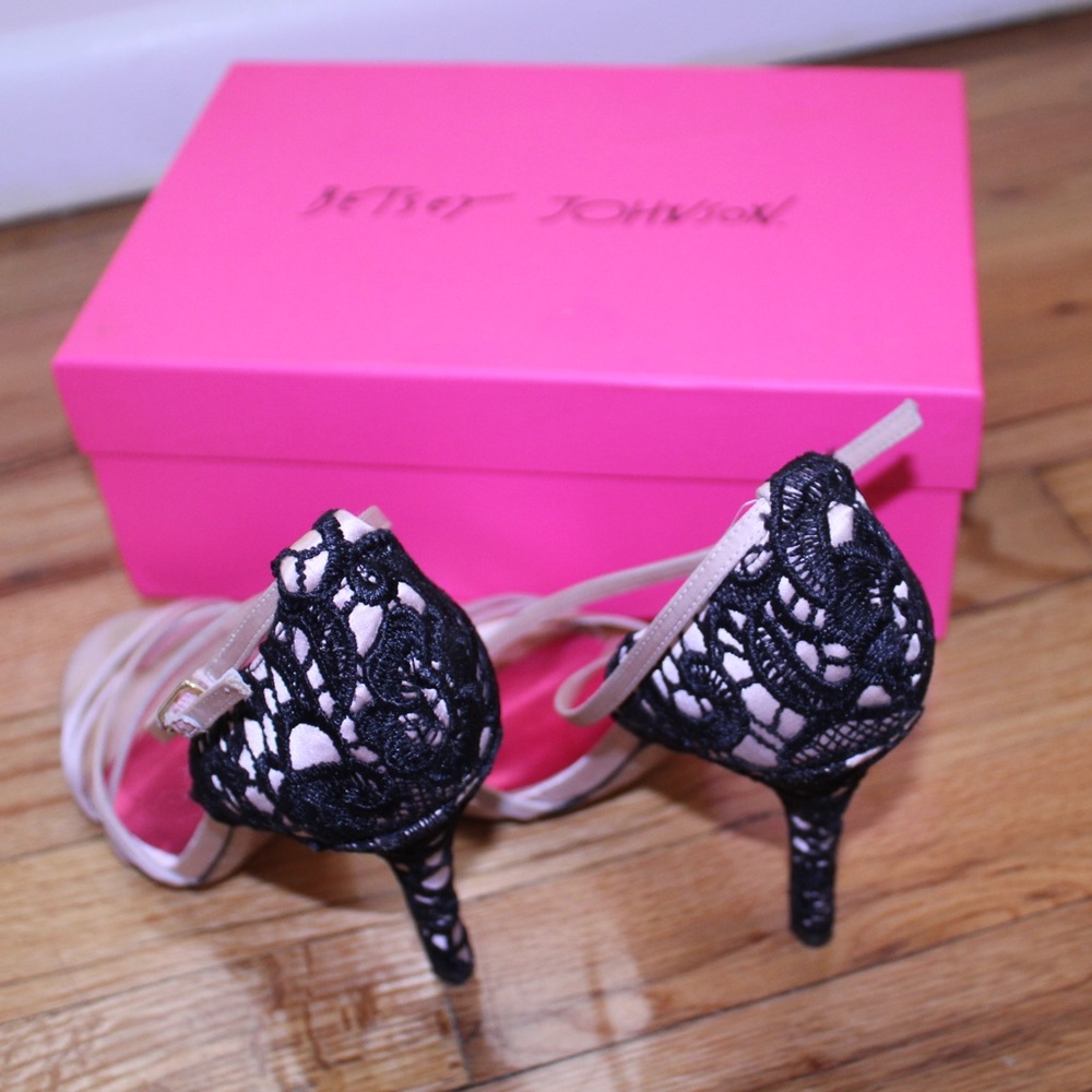 Betsey Johnson pink strappy heels with black lace